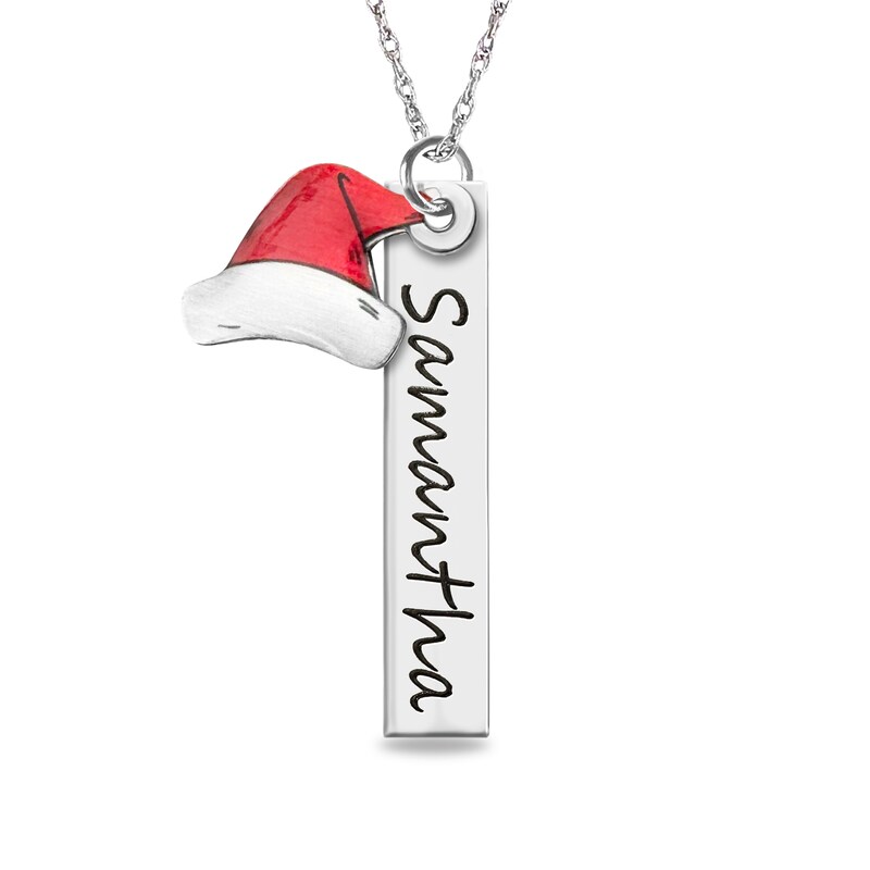 Main Image 1 of Engravable Bar Pendant with Santa Hat Charm in Sterling Silver (2 Lines)