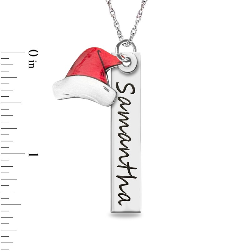 Main Image 3 of Engravable Bar Pendant with Santa Hat Charm in Sterling Silver (2 Lines)