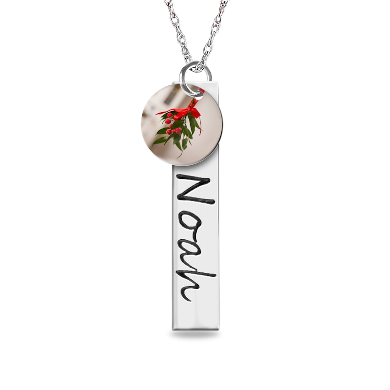 Main Image 1 of Engravable Bar Pendant with Mistletoe Charm in Sterling Silver (2 Lines)
