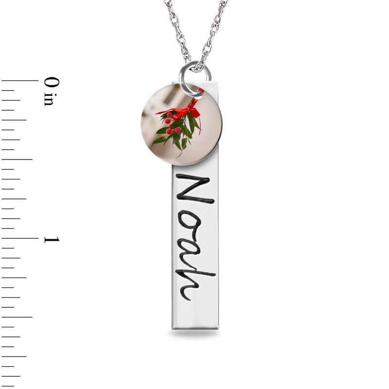 Main Image 3 of Engravable Bar Pendant with Mistletoe Charm in Sterling Silver (2 Lines)