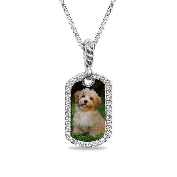 Engravable Photo Dog Tag Pendant with White Lab-Created Sapphire Frame in Sterling Silver (1 Image and 2 Lines)