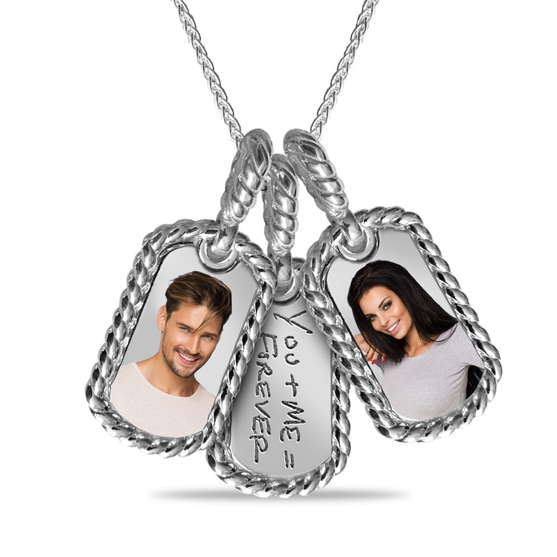 Main Image 1 of Engravable “You + Me = Forever” Photo Triple Dog Tag Charm Pendant in Sterling Silver (2 Images and Lines)