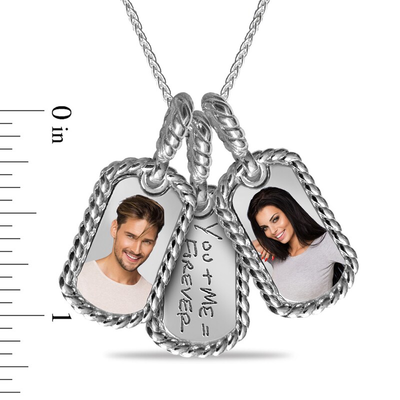 Main Image 2 of Engravable “You + Me = Forever” Photo Triple Dog Tag Charm Pendant in Sterling Silver (2 Images and Lines)