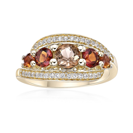 Smoky Quartz, Citrine and White Lab-Created Sapphire Graduated Bypass Ring in Sterling Silver with 18K Gold Plate