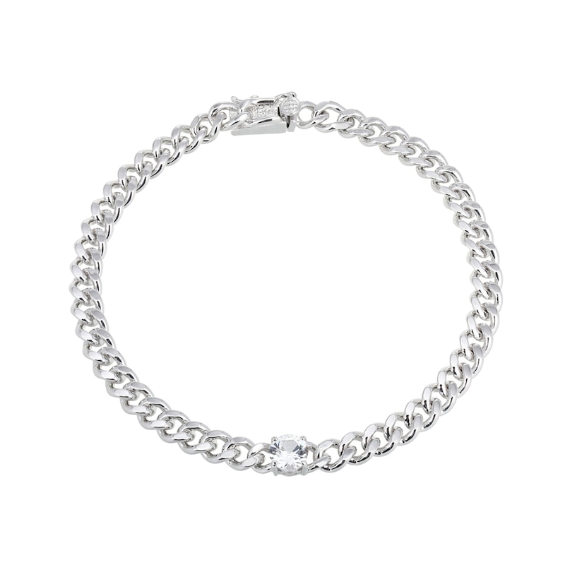 Main Image 1 of 5.5mm White Lab-Created Sapphire Solitaire Flat Curb Chain Bracelet in Sterling Silver - 7.25"