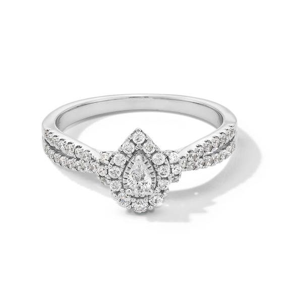 1/2 CT. T.w. Pear-Shaped Diamond Frame Collar Split Shank Engagement Ring in 10K White Gold
