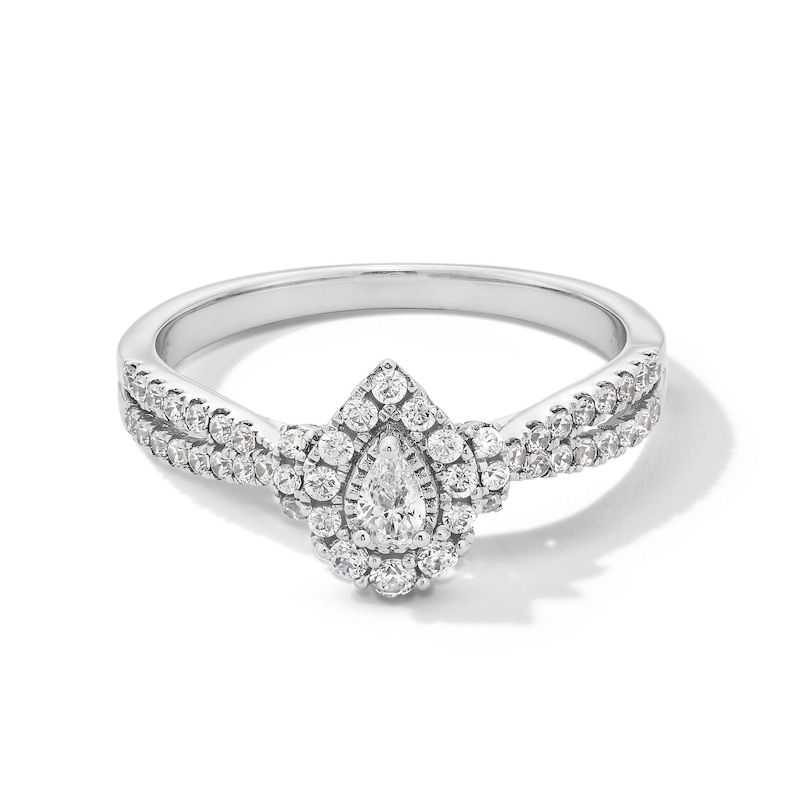 Main Image 1 of 1/2 CT. T.W. Pear-Shaped Diamond Frame Collar Split Shank Engagement Ring in 10K White Gold