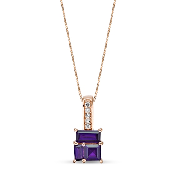 Princess and Baguette-Cut Amethyst with White Lab-Created Sapphire Drop Pendant in Sterling Silver with Rose Gold Plate