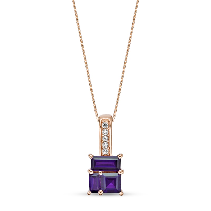 Main Image 1 of Princess and Baguette-Cut Amethyst with White Lab-Created Sapphire Drop Pendant in Sterling Silver with Rose Gold Plate