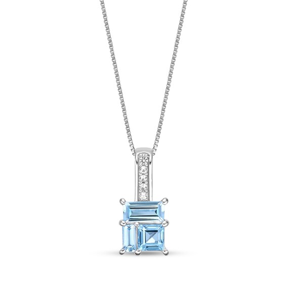 Princess and Baguette-Cut Swiss Blue Topaz with White Lab-Created Sapphire Drop Pendant in Sterling Silver