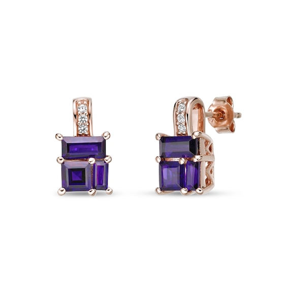 Princess and Baguette Amethyst with White Lab-Created Sapphire Drop Earrings in Sterling Silver with 18K Rose Gold Plate