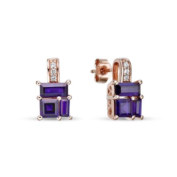 Princess and Baguette Amethyst with White Lab-Created Sapphire Drop Earrings in Sterling Silver with 18K Rose Gold Plate