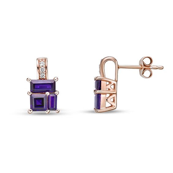 Princess and Baguette Amethyst with White Lab-Created Sapphire Drop Earrings in Sterling Silver with 18K Rose Gold Plate