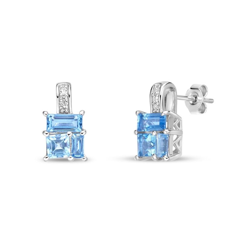 Main Image 1 of Princess and Baguette-Cut Swiss Blue Topaz with White Lab-Created Sapphire Drop Earrings in Sterling Silver