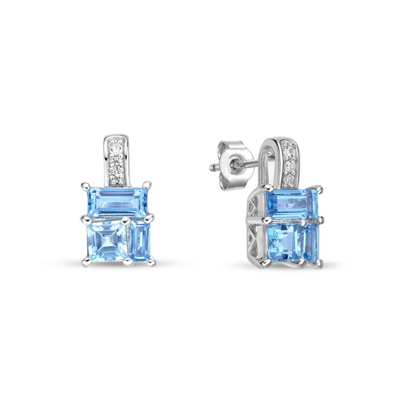 Main Image 2 of Princess and Baguette-Cut Swiss Blue Topaz with White Lab-Created Sapphire Drop Earrings in Sterling Silver