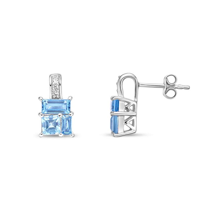 Main Image 3 of Princess and Baguette-Cut Swiss Blue Topaz with White Lab-Created Sapphire Drop Earrings in Sterling Silver