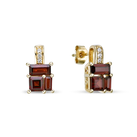 Princess and Baguette-Cut Garnet with White Lab-Created Sapphire Drop Earrings in Sterling Silver with 18K Gold Plate
