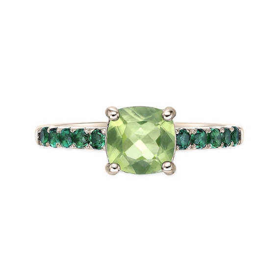 7.0mm Cushion-Cut Peridot and Lab-Created Emerald Ring Sterling Silver with 18K Gold Plate