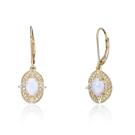 Oval Lab-Created Opal and White Lab-Created Sapphire Ornate Frame Drop Earrings in Sterling Silver with 18K Gold Plate