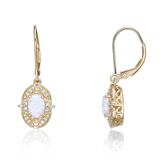 Oval Lab-Created Opal and White Lab-Created Sapphire Ornate Frame Drop Earrings in Sterling Silver with 18K Gold Plate