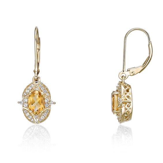 Oval Citrine and White Lab-Created Sapphire Ornate Frame Drop Earrings in Sterling Silver with 18K Gold Plate