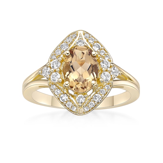 Oval Citrine and White Lab-Created Sapphire Ornate Frame Split Shank Ring Sterling Silver with 18K Gold Plate