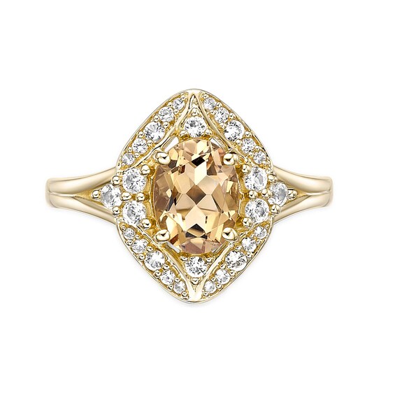 Oval Citrine and White Lab-Created Sapphire Ornate Frame Split Shank Ring in Sterling Silver with 18K Gold Plate
