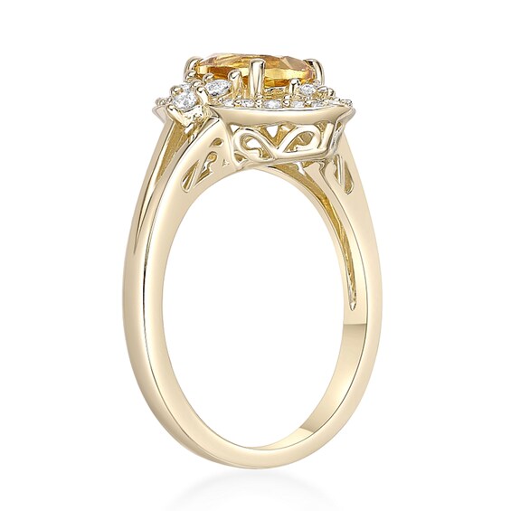 Oval Citrine and White Lab-Created Sapphire Ornate Frame Split Shank Ring in Sterling Silver with 18K Gold Plate