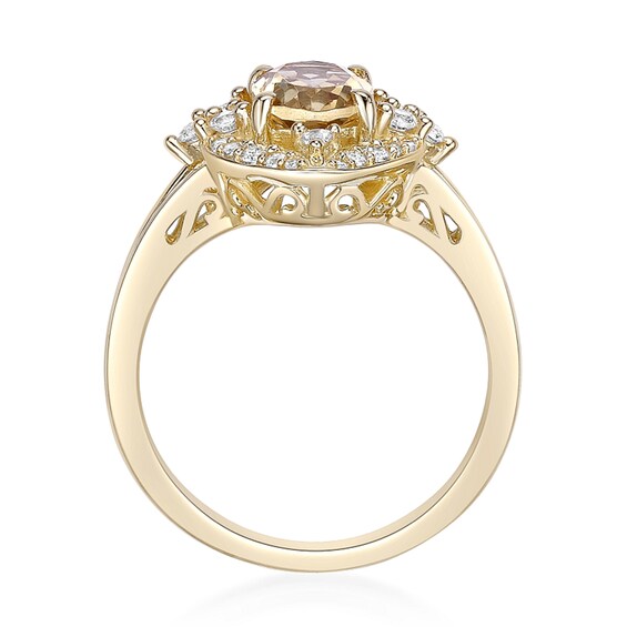 Oval Citrine and White Lab-Created Sapphire Ornate Frame Split Shank Ring in Sterling Silver with 18K Gold Plate
