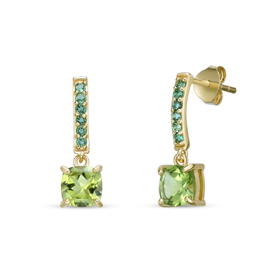 6.0mm Cushion-Cut Peridot and Lab-Created Emerald Drop Earrings in Sterling Silver with 18K Gold Plate