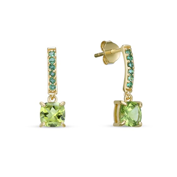6.0mm Cushion-Cut Peridot and Lab-Created Emerald Drop Earrings in Sterling Silver with 18K Gold Plate