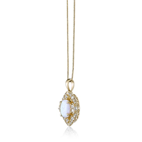 Oval Lab-Created Opal and White Lab-Created Sapphire Ornate Frame Pendant in Sterling Silver with 18K Gold Plate