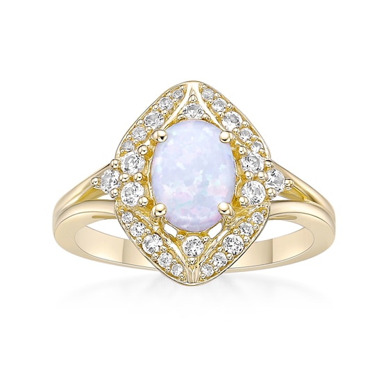 Oval Lab-Created Opal and White Lab-Created Sapphire Ornate Frame Split Shank Ring in Sterling Silver with Gold Plate