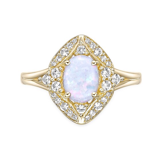 Oval Lab-Created Opal and White Lab-Created Sapphire Ornate Frame Split Shank Ring in Sterling Silver with Gold Plate
