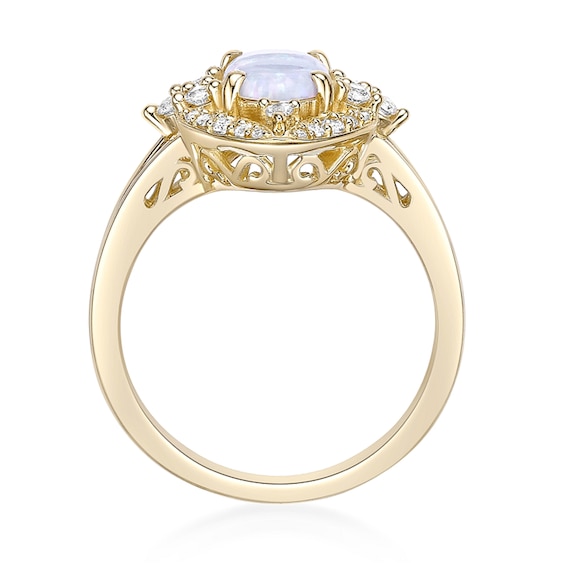 Oval Lab-Created Opal and White Lab-Created Sapphire Ornate Frame Split Shank Ring in Sterling Silver with Gold Plate