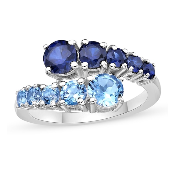 Swiss Blue Topaz and White Lab-Created Sapphire Graduated Bypass Ring in Sterling Silver