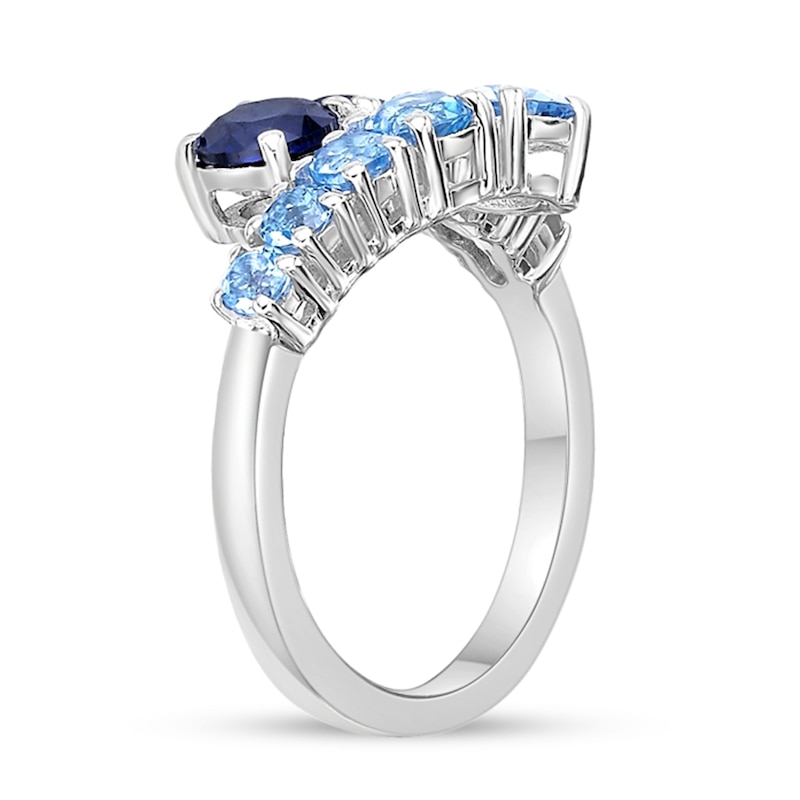 Main Image 2 of Swiss Blue Topaz and White Lab-Created Sapphire Graduated Bypass Ring in Sterling Silver