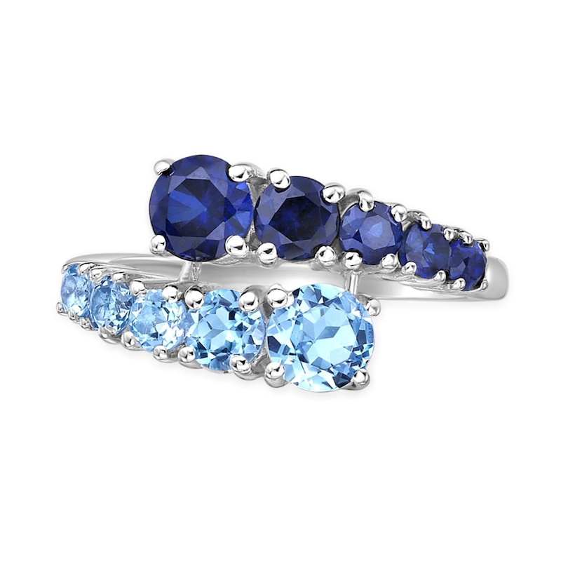Main Image 3 of Swiss Blue Topaz and White Lab-Created Sapphire Graduated Bypass Ring in Sterling Silver