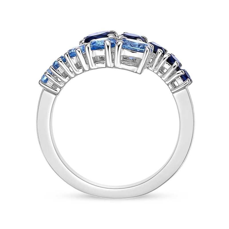 Main Image 4 of Swiss Blue Topaz and White Lab-Created Sapphire Graduated Bypass Ring in Sterling Silver