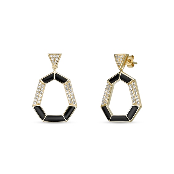 Onyx and White Lab-Created Sapphire Heptagon Drop Earrings in Sterling Silver with 18K Gold Plate