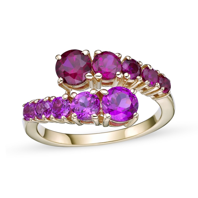 Main Image 1 of Lab-Created Ruby and Pink Lab-Created Sapphire Graduated Bypass Ring in Sterling Silver with 18K Rose Gold Plate