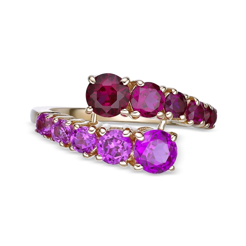 Main Image 2 of Lab-Created Ruby and Pink Lab-Created Sapphire Graduated Bypass Ring in Sterling Silver with 18K Rose Gold Plate