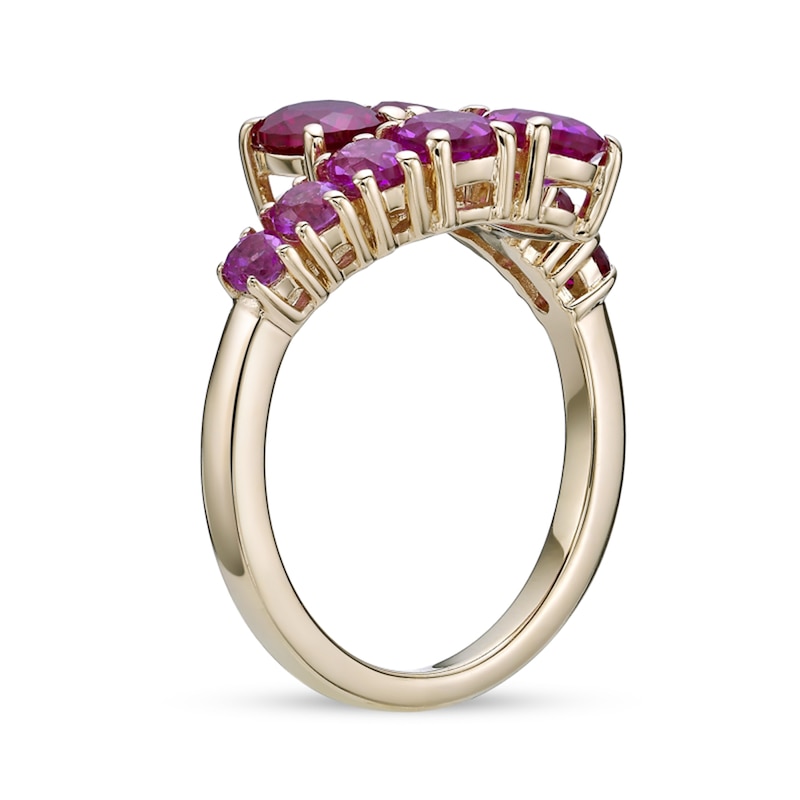Main Image 3 of Lab-Created Ruby and Pink Lab-Created Sapphire Graduated Bypass Ring in Sterling Silver with 18K Rose Gold Plate
