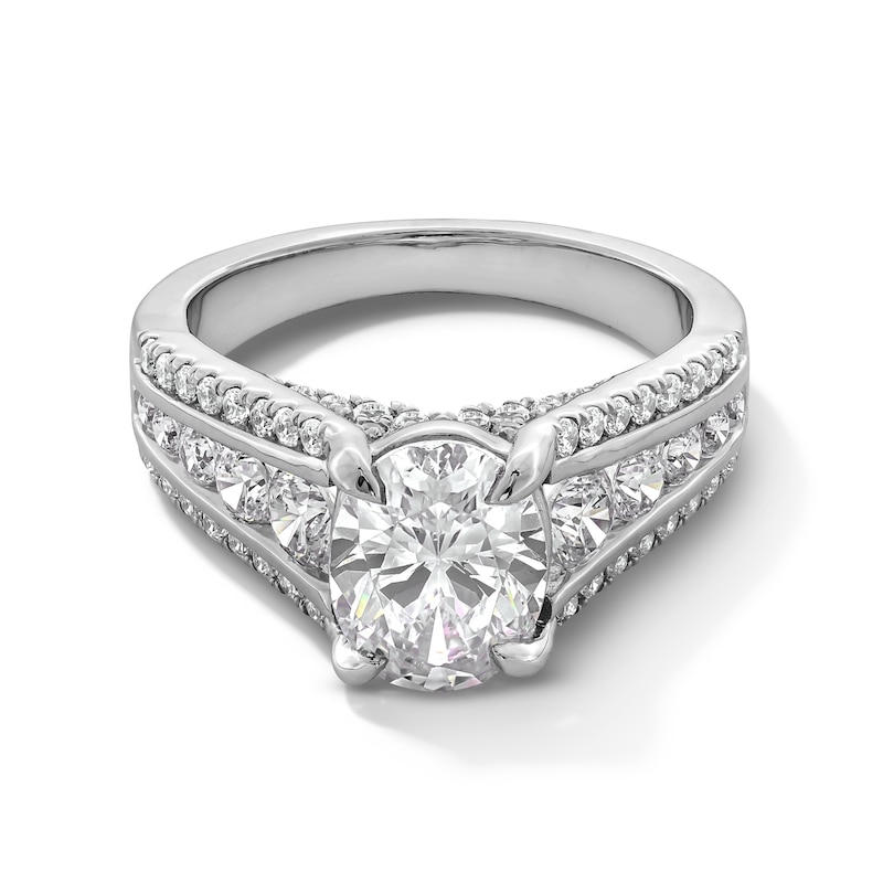 Main Image 1 of 3-1/8 CT. T.W. Oval Certified Lab-Grown Diamond Triple Row Shank Engagement Ring in 14K White Gold (F/VS2)