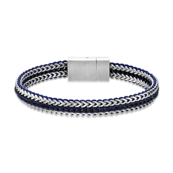 Foxtail Chain with Black Cord and Blue Leather Woven Bracelet in Solid Stainless Steel - 8.5"
