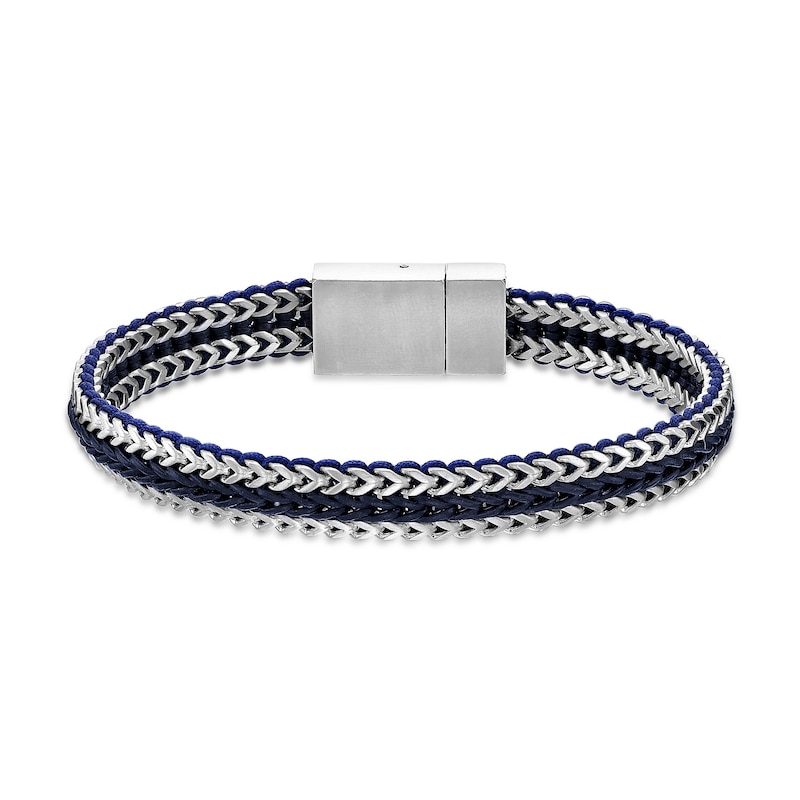 Main Image 1 of Foxtail Chain with Black Cord and Blue Leather Woven Bracelet in Solid Stainless Steel - 8.5"