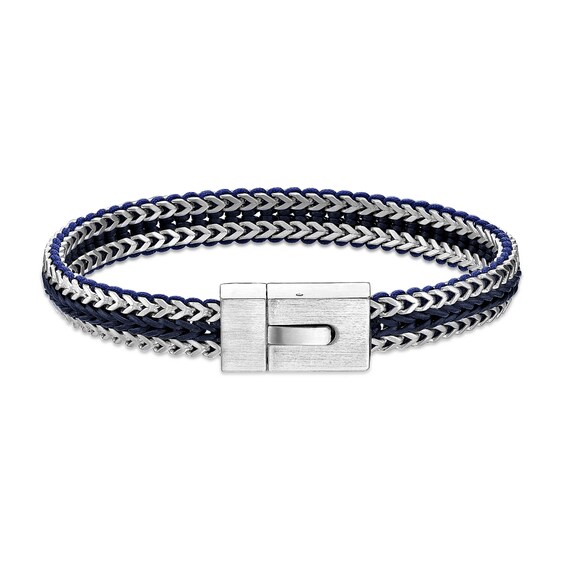 Foxtail Chain with Black Cord and Blue Leather Woven Bracelet in Solid Stainless Steel - 8.5"