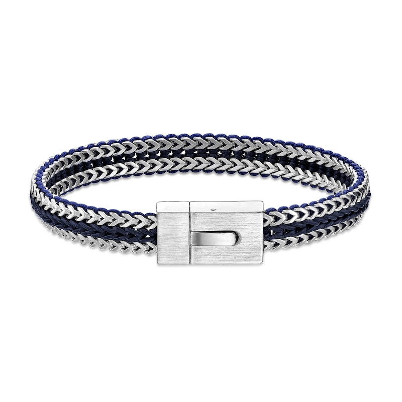 Main Image 2 of Foxtail Chain with Black Cord and Blue Leather Woven Bracelet in Solid Stainless Steel - 8.5"