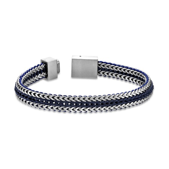 Foxtail Chain with Black Cord and Blue Leather Woven Bracelet in Solid Stainless Steel - 8.5"
