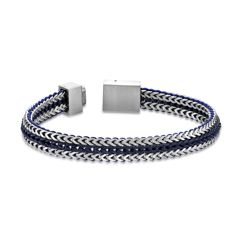 Main Image 3 of Foxtail Chain with Black Cord and Blue Leather Woven Bracelet in Solid Stainless Steel - 8.5"